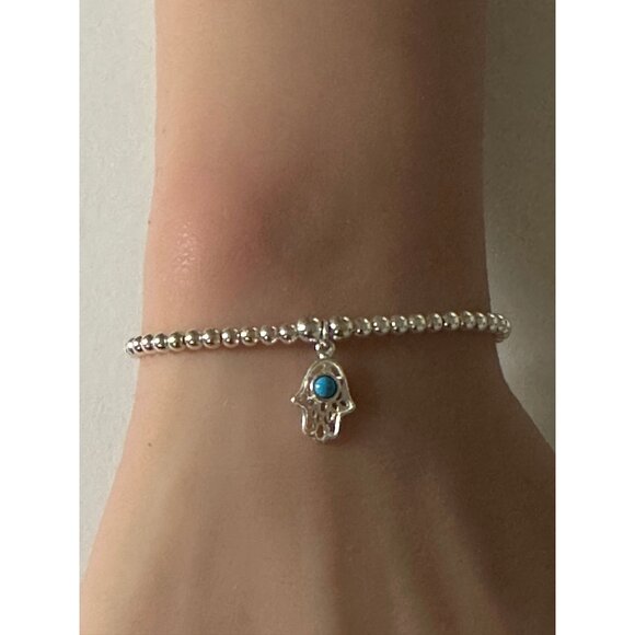 RAFANTHIA Jewelry - 925 Sterling Silver Beaded Stretch Stacking Bracelet Hamsa Charm Minimalist S7"